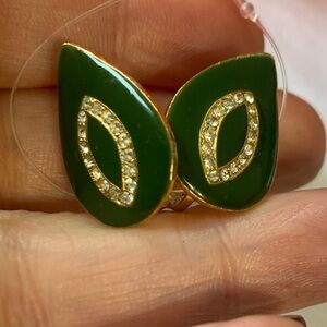 Elegant Vintage Green and Gold with Rhinestone Leaf Clip we Earrings